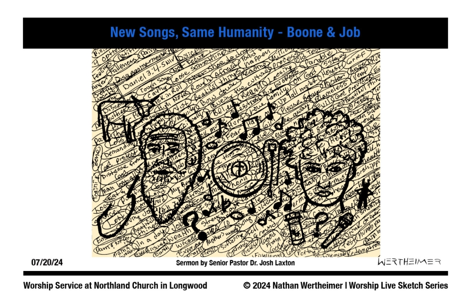 Please click here to see a past weekend's Worship Live Sketch Series entitled "New Songs, Same Humanity - Boone & Job" sermon by Senior Pastor Dr. Josh Laxton at Northland Church in Longwood, Florida. Artwork by Nathan Wertheimer. #northlandchurch