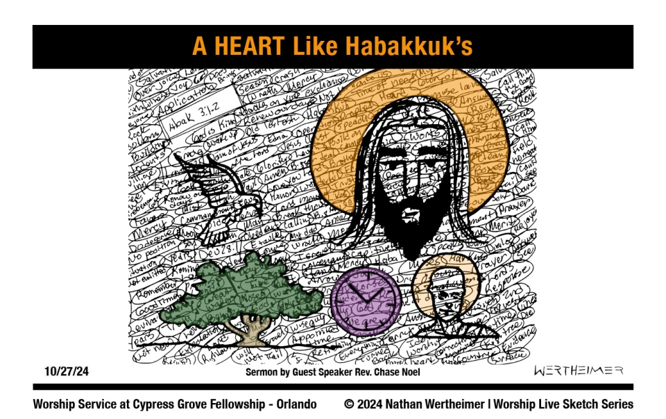 Please click here to see a past weekend's Worship Live Sketch Series entitled "A HEART Like Habakkuk's" with sermon by Guest Speaker Rev. Chase Noel at Cypress Grove Fellowship Church in South Orlando. Artwork by Nathan Wertheimer. #nathanwertheimer #mycgf #cypressgroveorlando #upci #flupci #flupciyouth