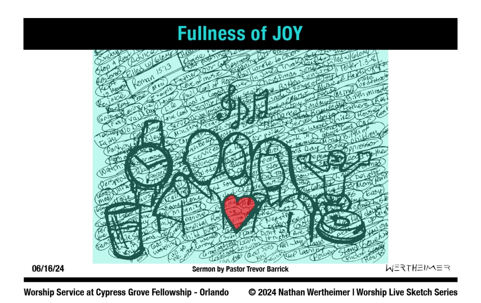 Please click here to see a past weekend's Worship Live Sketch Series entitled "Fullness of JOY" with sermon by Pastor Trevor Barrick from Cypress Grove Fellowship Church in South Orlando. Artwork by Nathan Wertheimer. #nathanwertheimer #mycgf #cypressgroveorlando #upci #flupci #flupciyouth