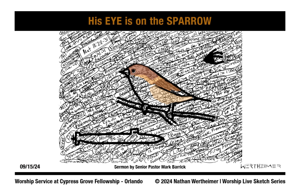 Please click here to see a past weekend's Worship Live Sketch Series entitled "His EYE is on the SPARROW" with sermon by Senior Pastor Mark Barrick from Cypress Grove Fellowship Church in South Orlando. Artwork by Nathan Wertheimer. #nathanwertheimer #mycgf #cypressgroveorlando #upci #flupci #flupciyouth