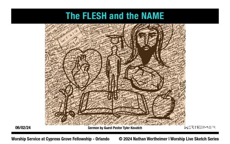 Please click here to see a past weekend's Worship Live Sketch Series entitled "The FLESH and the NAME" with sermon by Guest Pastor Tyler Kovatch at Cypress Grove Fellowship Church in South Orlando. Artwork by Nathan Wertheimer. #nathanwertheimer #mycgf #cypressgroveorlando #upci #flupci #flupciyouth